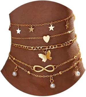 Aluinn 5-Piece Gold Anklet for Women14k Gold Plated Anklet Butterfly, love Heart, Pearl Layered Ankle Bracelets, Adjustable Beach & Party Jewelry Gift for Women
