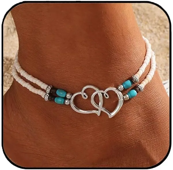Aluinn Boho Double buckle heart Silver Anklet - Boho Beach Jewelry white bead, turquoise Double love Hearts Charms Summer Vacation/Gift Giving, Trendy & Cute Foot Accessories for women