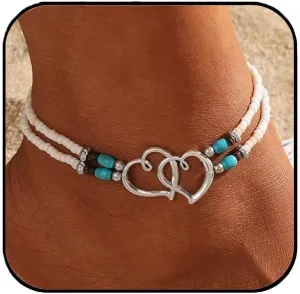 Aluinn Boho Double buckle heart Silver Anklet - Boho Beach Jewelry white bead, turquoise Double love Hearts Charms Summer Vacation/Gift Giving, Trendy & Cute Foot Accessories for women