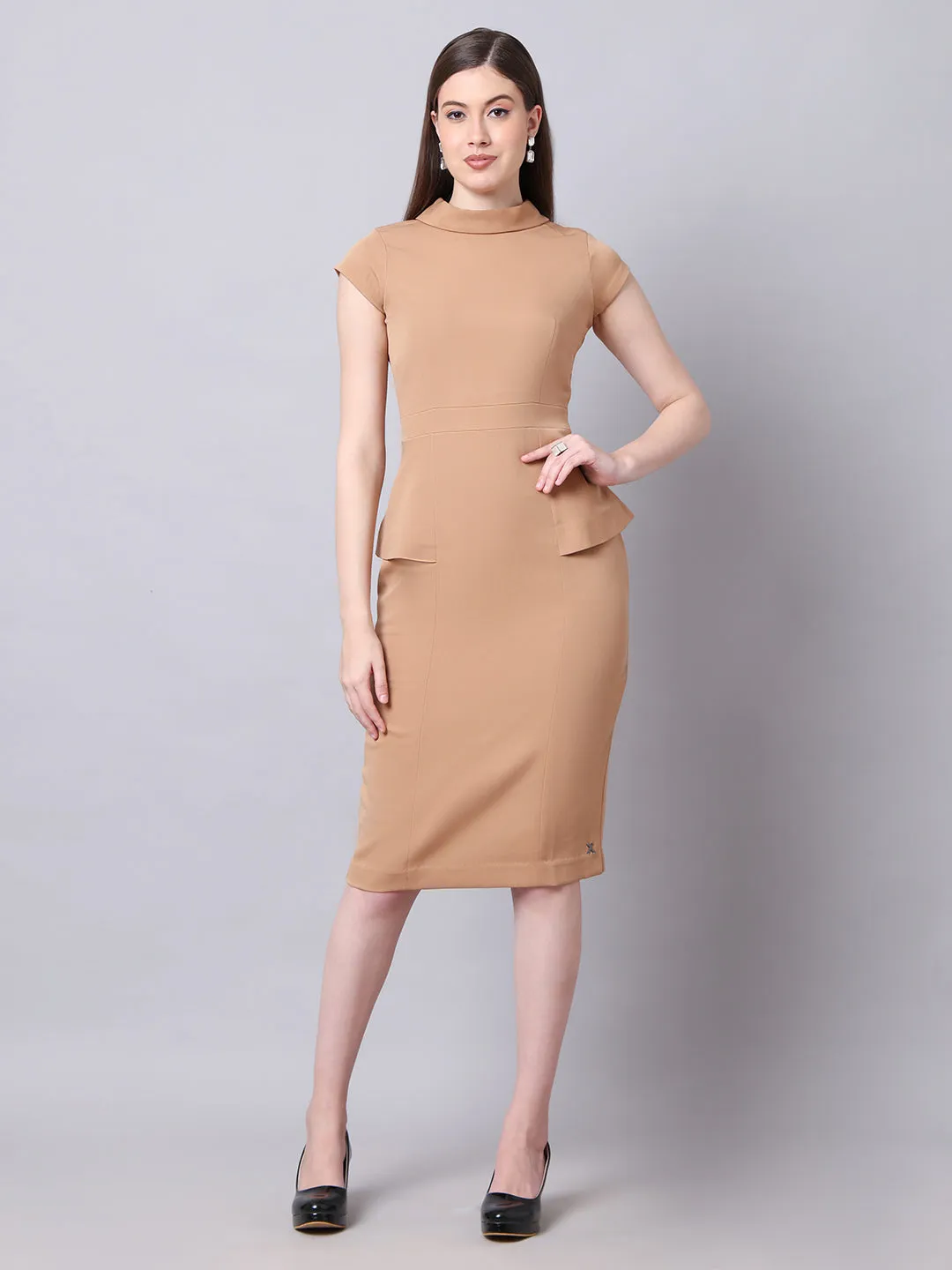 Beige Spandex Bold & Beautiful High Neck Cap Sleeves Dress