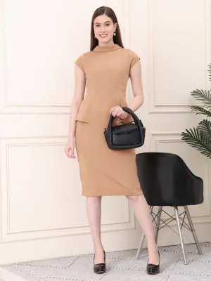Beige Spandex Bold & Beautiful High Neck Cap Sleeves Dress