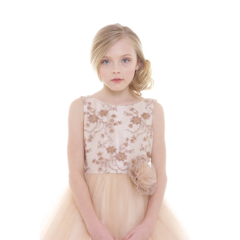 Big Girls Champagne Embroidery Luxurious Flower Girl Dress 8-12