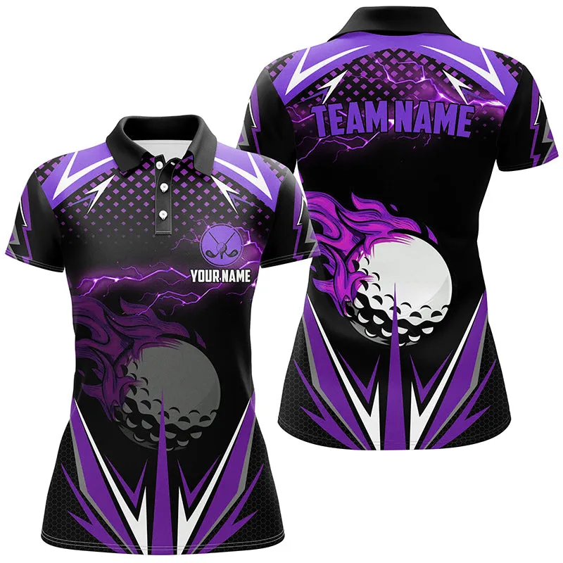 Black Womens Golf Polo Shirts Custom Multi Color Fire Lightning Team Golf Jerseys, Golf Attire For Ladies