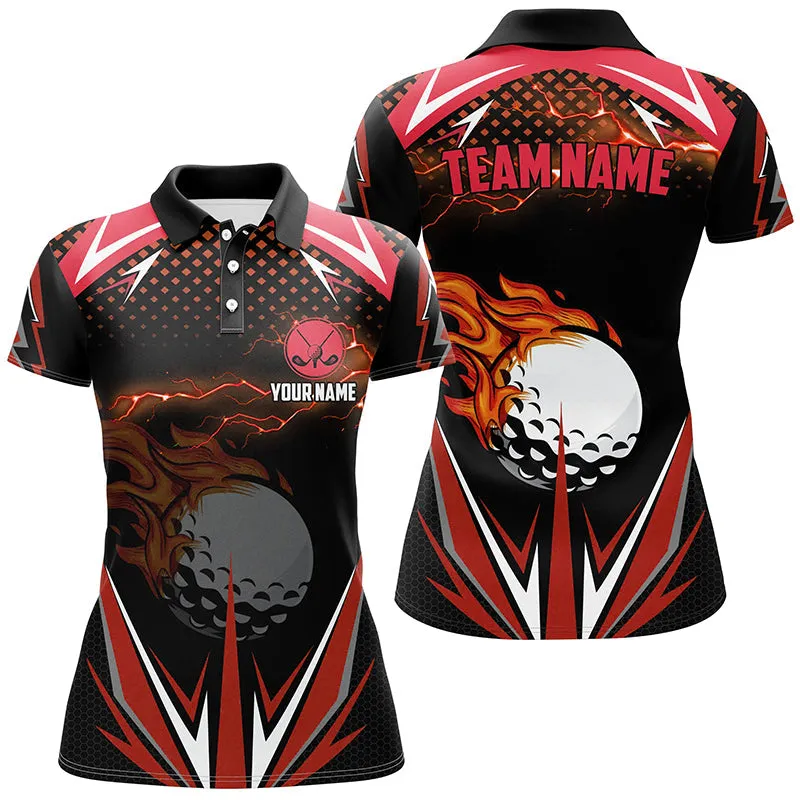 Black Womens Golf Polo Shirts Custom Multi Color Fire Lightning Team Golf Jerseys, Golf Attire For Ladies