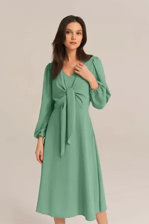 Bow-Knot Long Sleeve Elastic Waist Midi Dress - Green