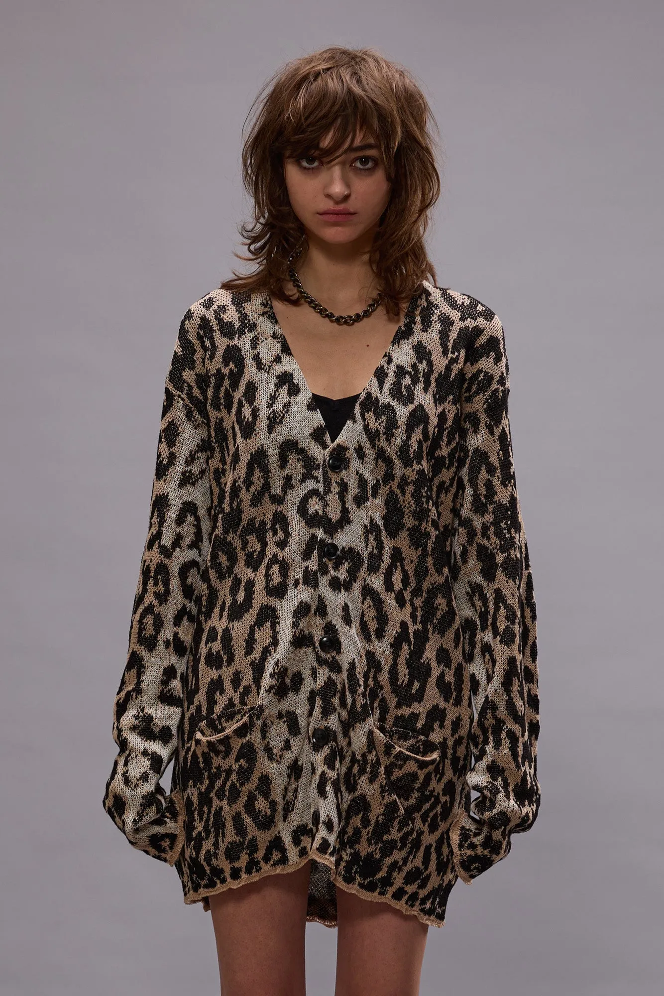 BOYFRIEND CARDIGAN - LIGHT LEOPARD JACQUARD