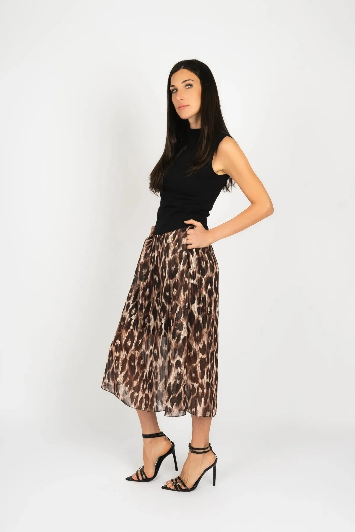 Brown Leopard Print Midi Skirt