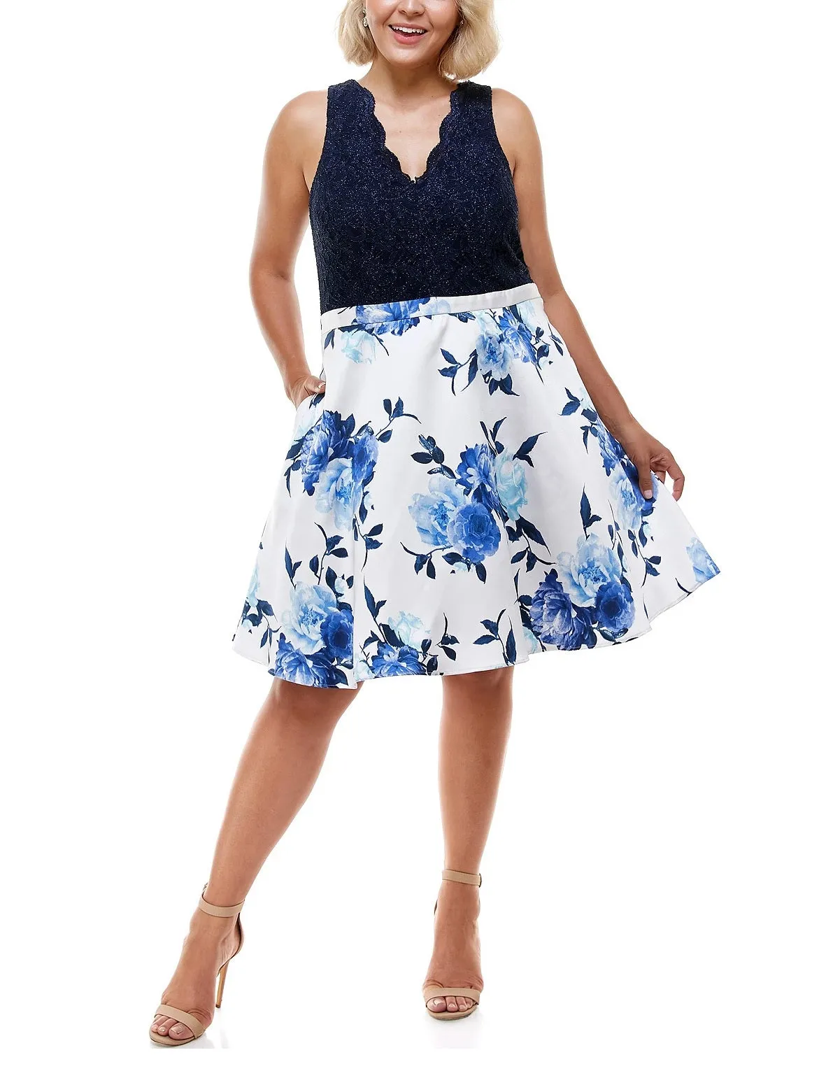City Studio Trendy Plus Size Lace & Floral-Print Fit & Flare Dress,