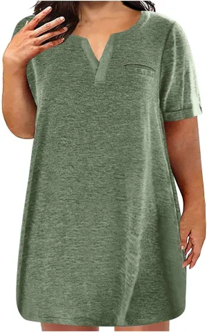 Cotton Plus Size Shirt Dress for Women Short Sleeve V Neck Mini Dress Comfy Spring Summer Lounge Dresses with Pocket