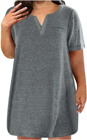 Cotton Plus Size Shirt Dress for Women Short Sleeve V Neck Mini Dress Comfy Spring Summer Lounge Dresses with Pocket