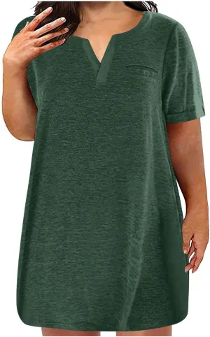 Cotton Plus Size Shirt Dress for Women Short Sleeve V Neck Mini Dress Comfy Spring Summer Lounge Dresses with Pocket