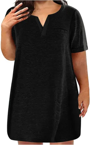 Cotton Plus Size Shirt Dress for Women Short Sleeve V Neck Mini Dress Comfy Spring Summer Lounge Dresses with Pocket