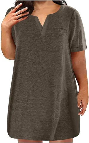 Cotton Plus Size Shirt Dress for Women Short Sleeve V Neck Mini Dress Comfy Spring Summer Lounge Dresses with Pocket