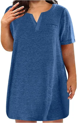 Cotton Plus Size Shirt Dress for Women Short Sleeve V Neck Mini Dress Comfy Spring Summer Lounge Dresses with Pocket