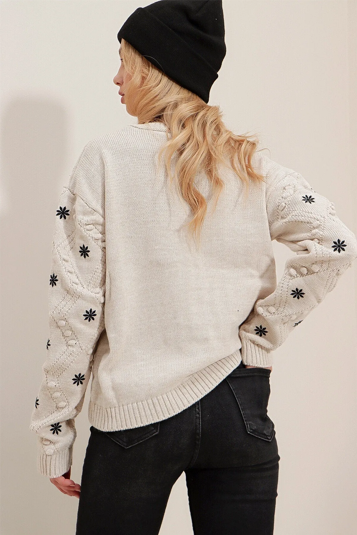Designer Black Snowflake Embroidered Knit Sweater