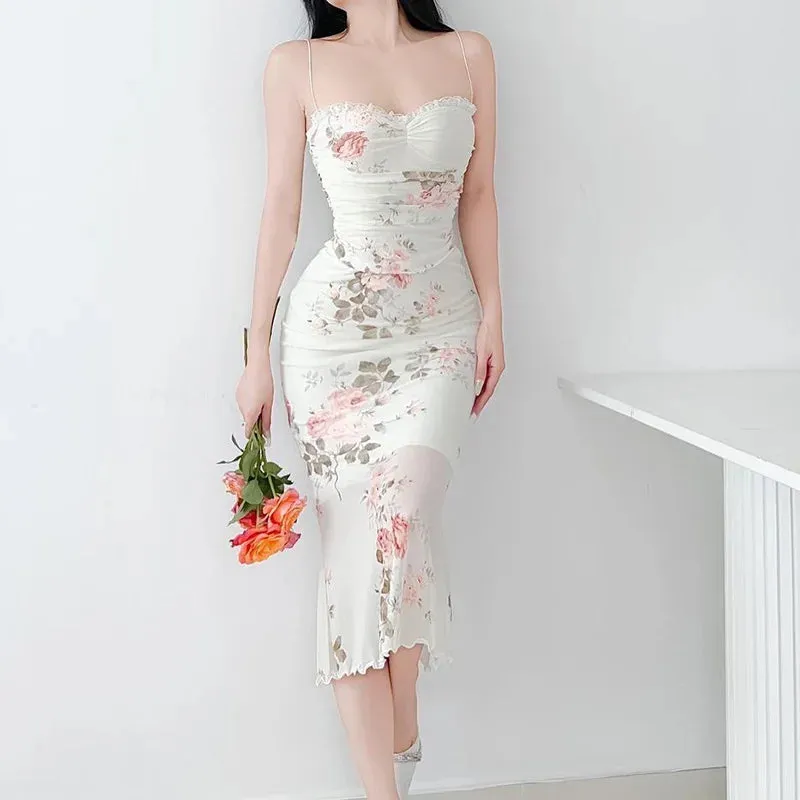 Elegant Flower Print Suspender Off Shoulder Backless Midi Chic Female Party Club Floral Dress