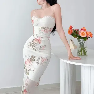 Elegant Flower Print Suspender Off Shoulder Backless Midi Chic Female Party Club Floral Dress