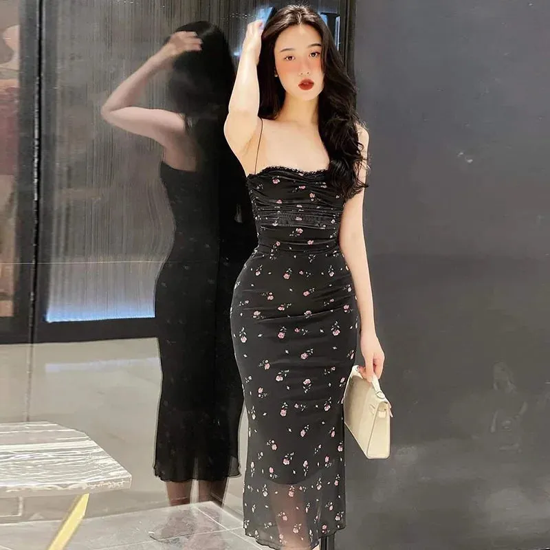 Elegant Flower Print Suspender Off Shoulder Backless Midi Chic Female Party Club Floral Dress