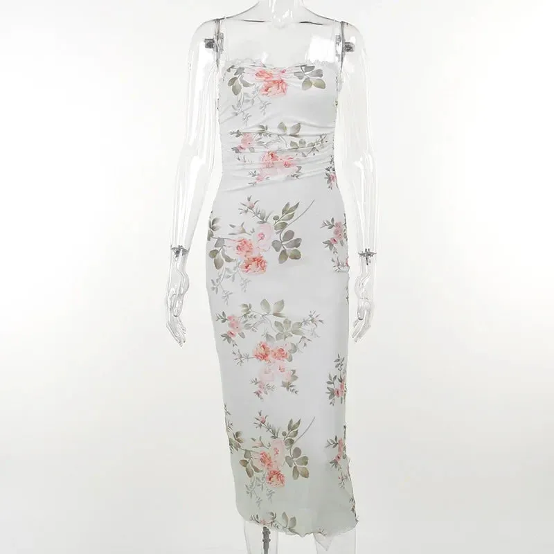 Elegant Flower Print Suspender Off Shoulder Backless Midi Chic Female Party Club Floral Dress