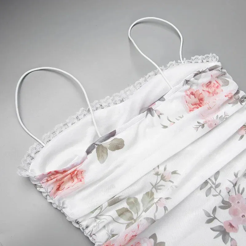 Elegant Flower Print Suspender Off Shoulder Backless Midi Chic Female Party Club Floral Dress