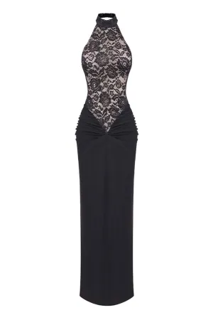 Feminie Halter Lace Panel Drop Waist Ruched Backless Evening Maxi Dress
