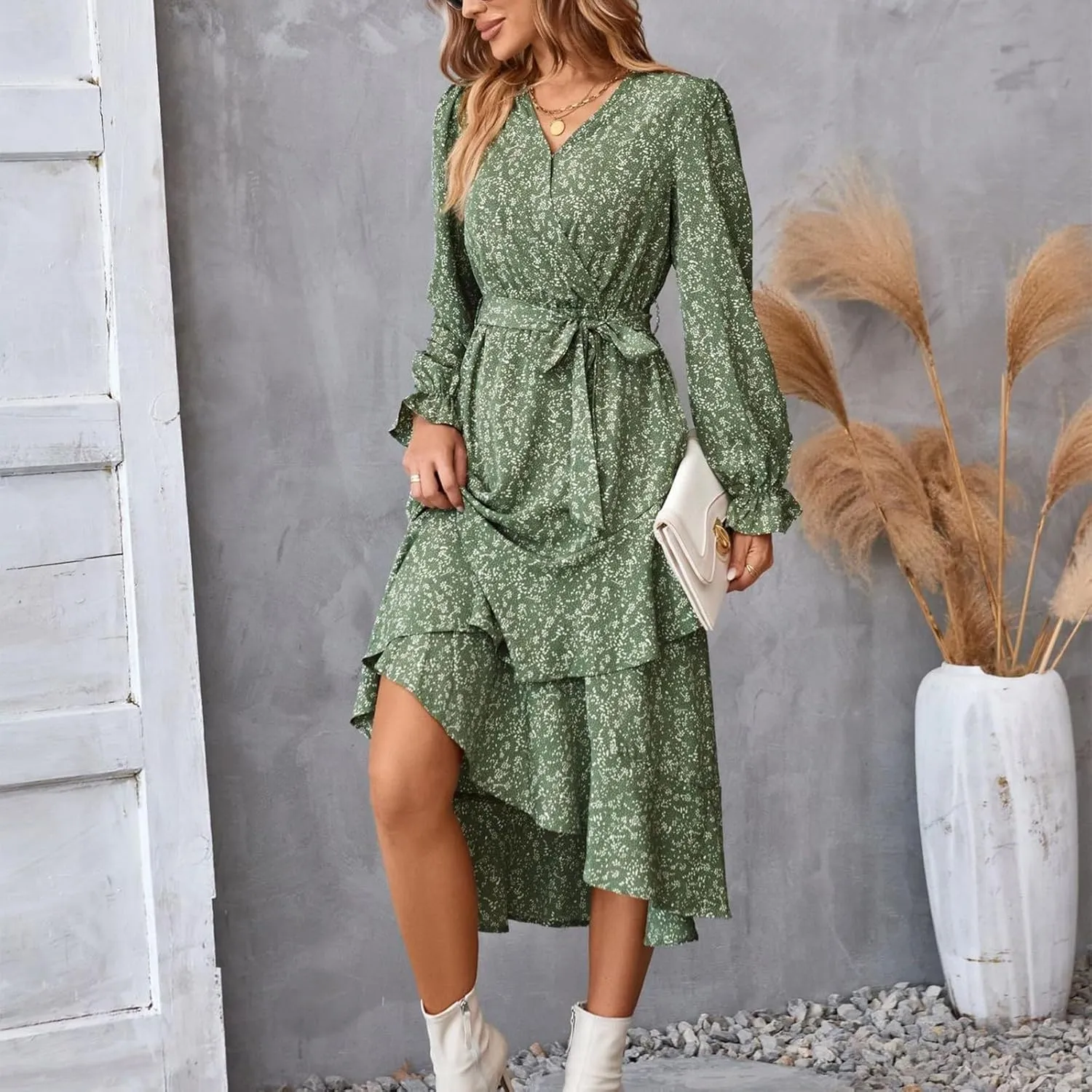 Floral Dresses for Women 2025 Tie Waist V Neck Spring Loose Casual Sundresses Long Sleeve Dressy Holiday Long Dress