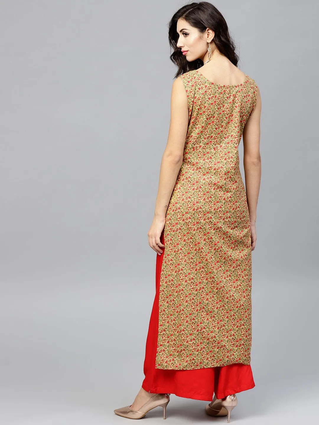 Floral Printed Calf Length Sleeveless Dress With Round Neck