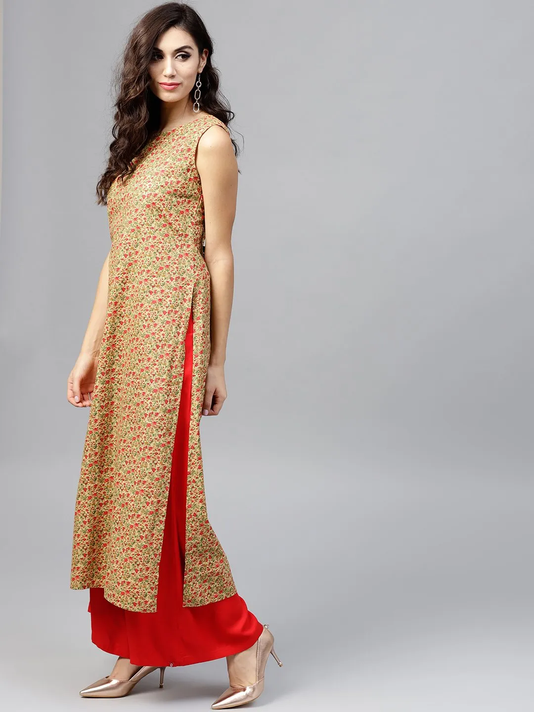 Floral Printed Calf Length Sleeveless Dress With Round Neck