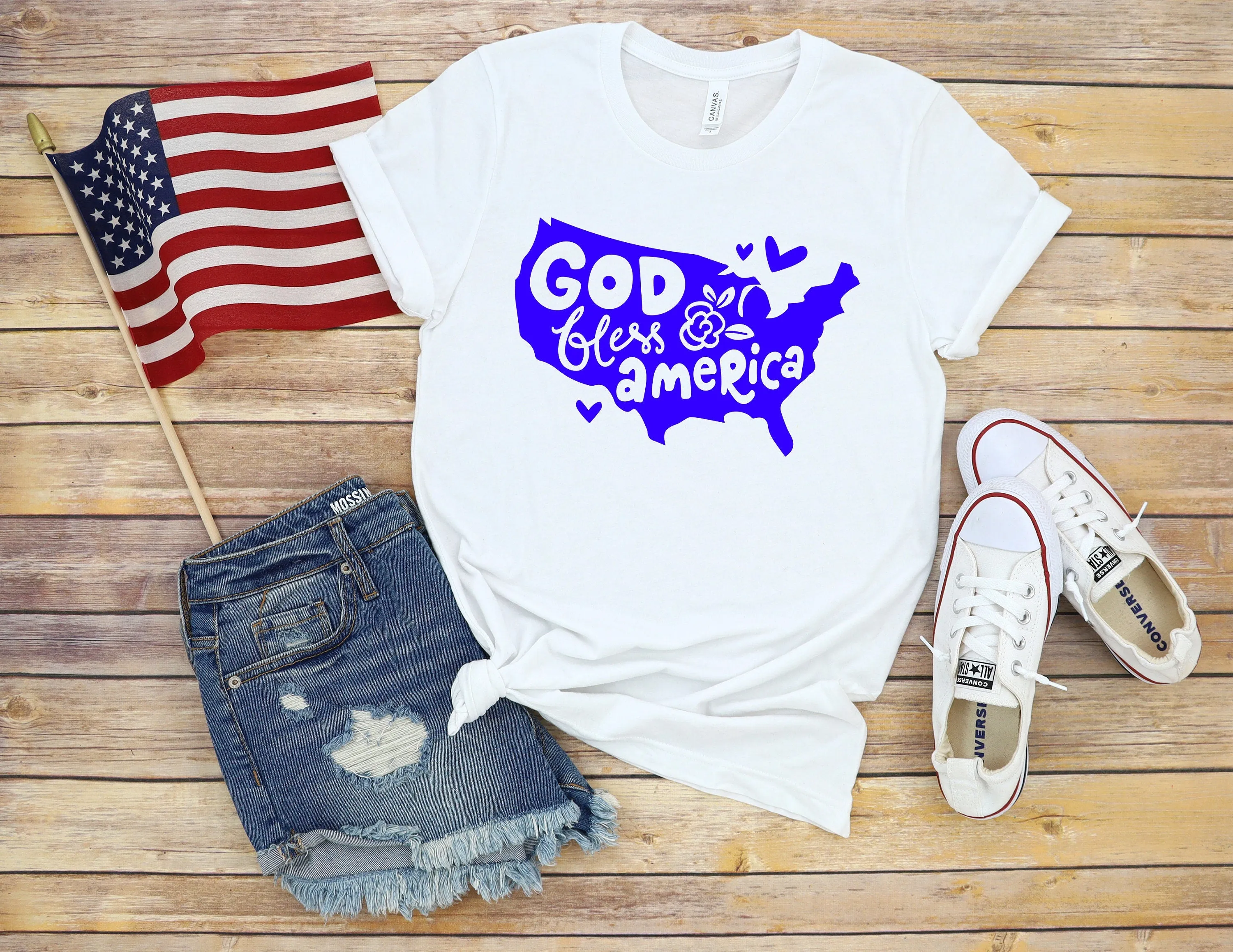 God Bless America Map - Fourth of July Adult T Shirt - Independence Day - Memorial - Red White and Blue USA