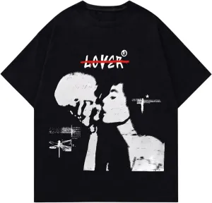 GORGLITTER Men's Graphic Tees Short Sleeve Crewneck Oversized Y2K Tshirts Black Lover Small