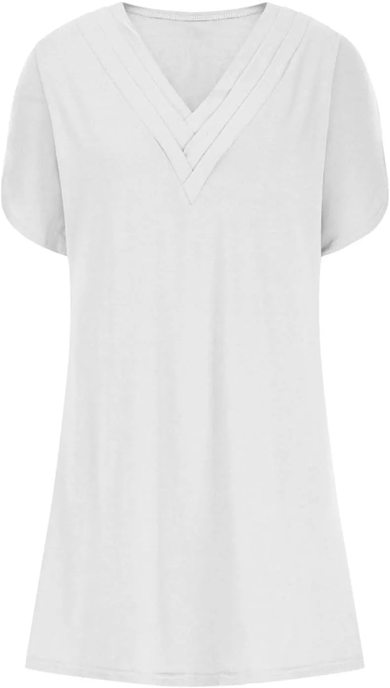 hlysgo Womens Summer Dress Casual Loose Fit Short Sleeve V Neck Mini Dress Cute Knee Length Lounge Dresses for Teen Girls