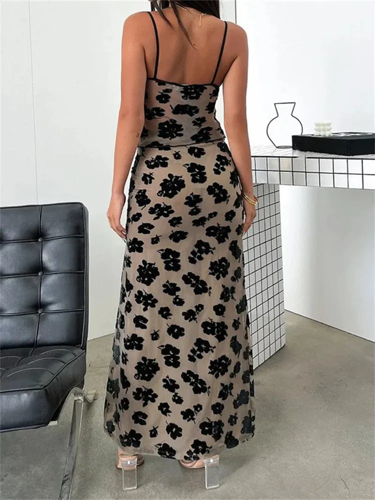 JuliaFashion - Vintage Floral V Neck Sleeveless Strap Camis High Waist Long Skirts Suits