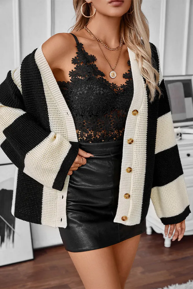 Knitted Cardigan - Buttoned Front - Black & White Stripe