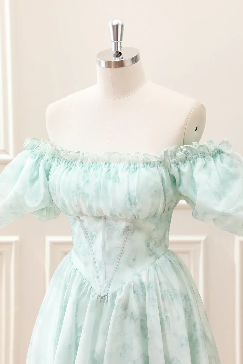 Light Blue Floral Corset Puff Sleeves A Line Mini Dress