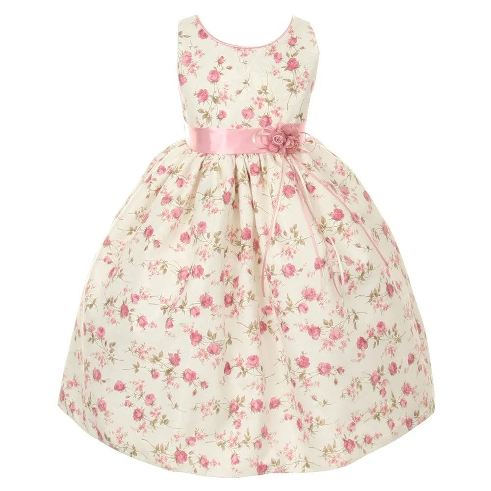 Little Girls Pink Jacquard Floral Printed Satin Rosette Sash Easter Dress 2T-6
