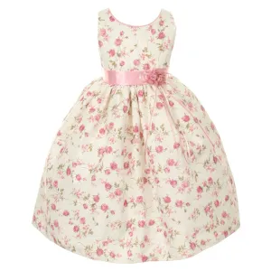Little Girls Pink Jacquard Floral Printed Satin Rosette Sash Easter Dress 2T-6