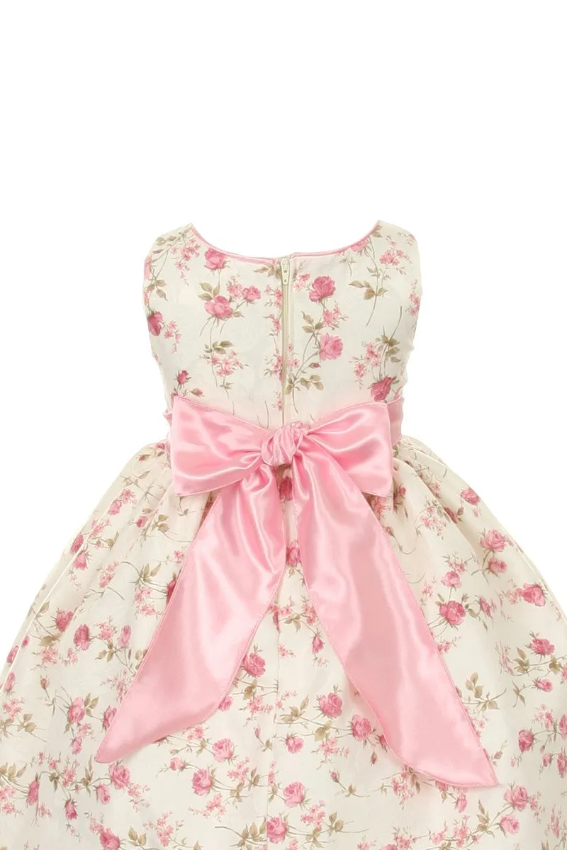 Little Girls Pink Jacquard Floral Printed Satin Rosette Sash Easter Dress 2T-6