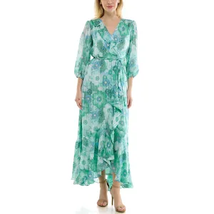 Maison Tara Floral Print Chiffon Wrap Maxi Dress - Aqua/Seafoam