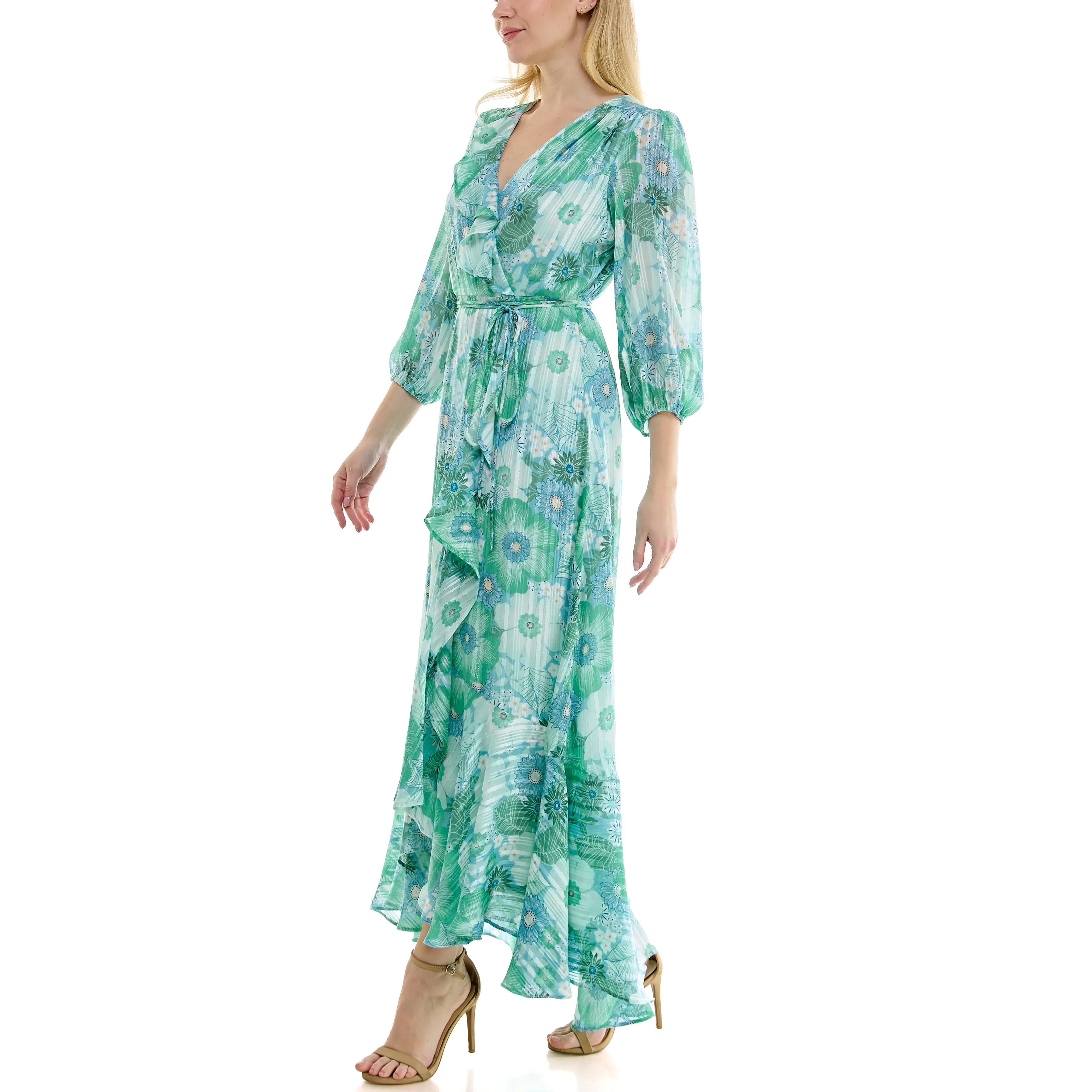 Maison Tara Floral Print Chiffon Wrap Maxi Dress - Aqua/Seafoam