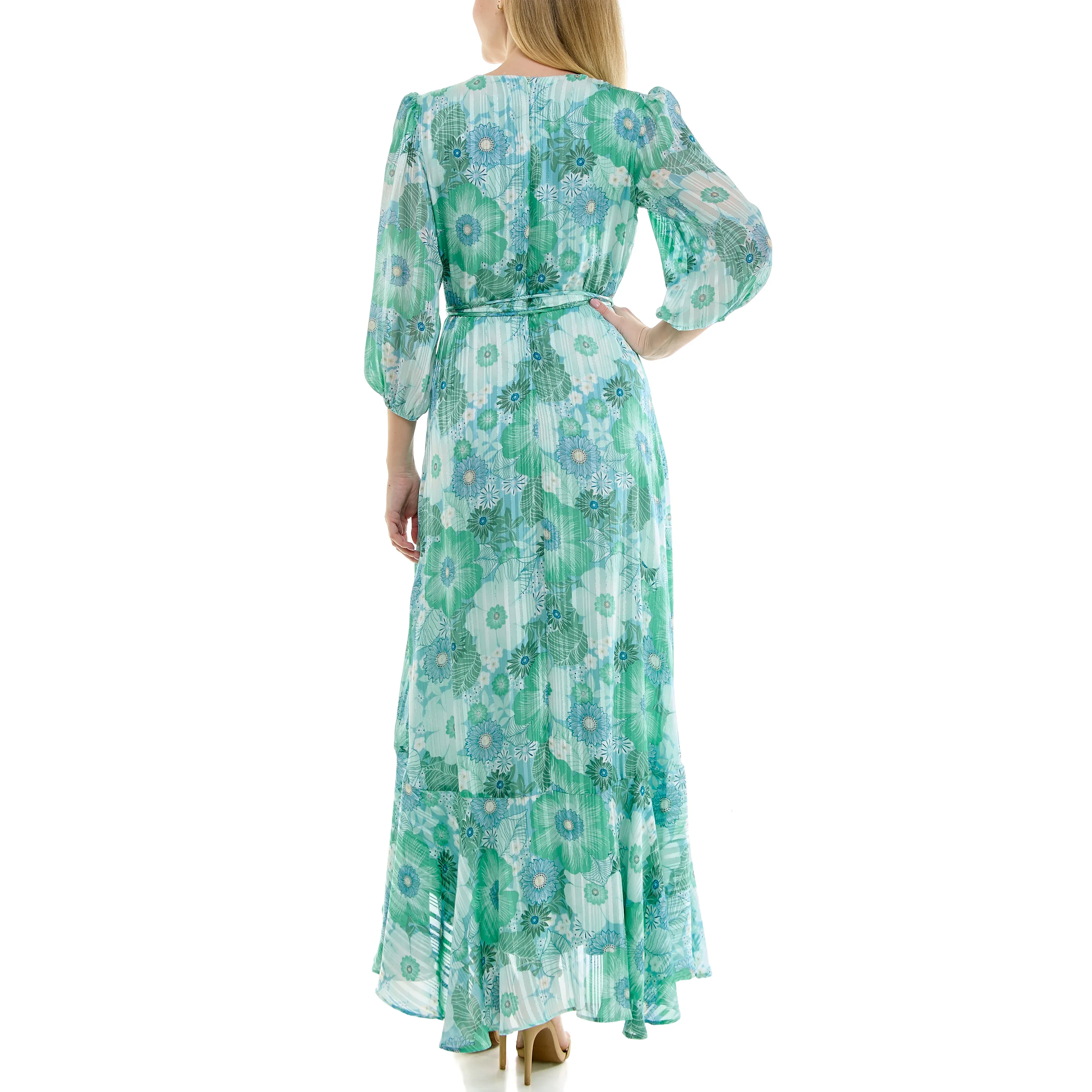 Maison Tara Floral Print Chiffon Wrap Maxi Dress - Aqua/Seafoam