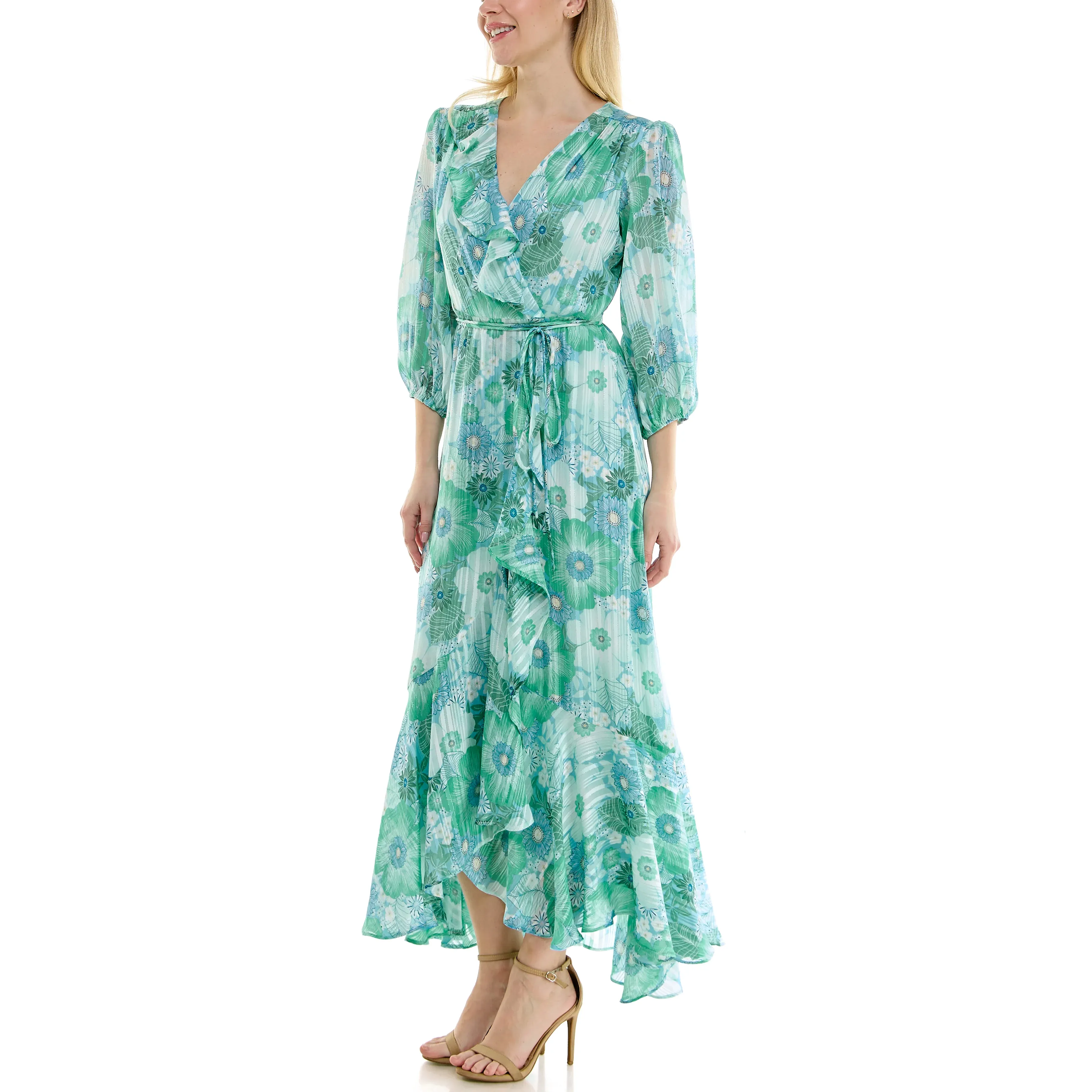 Maison Tara Floral Print Chiffon Wrap Maxi Dress - Aqua/Seafoam
