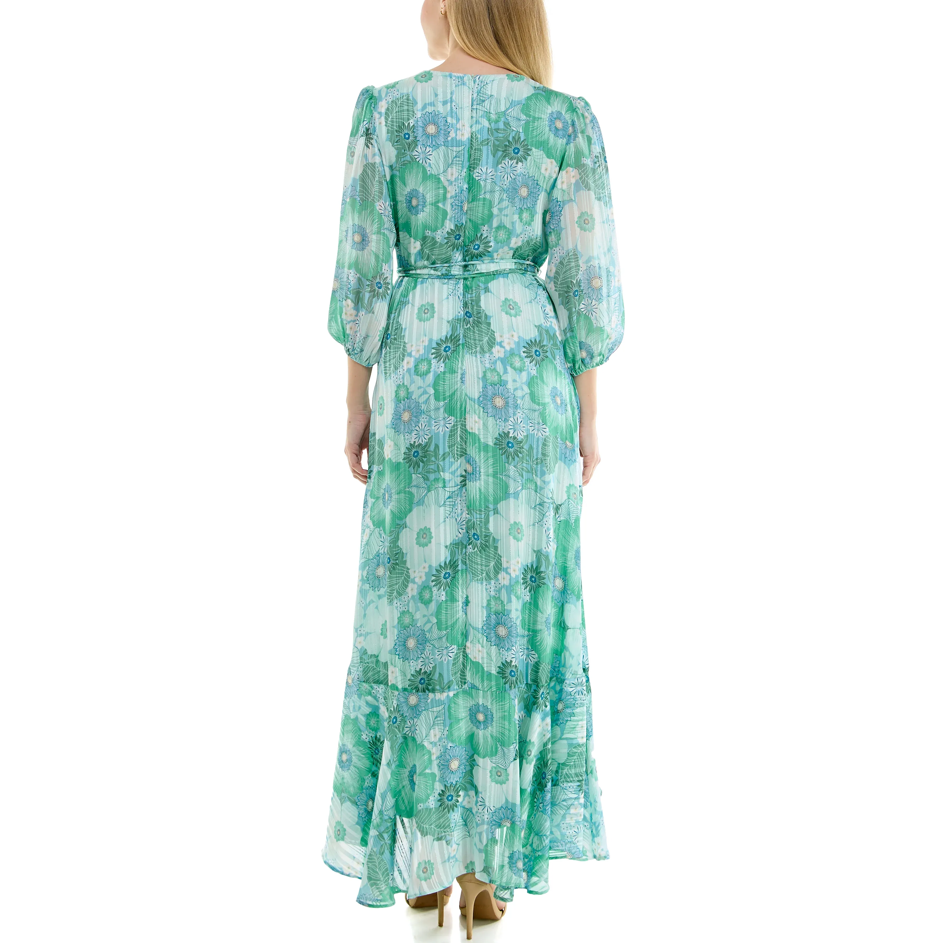 Maison Tara Floral Print Chiffon Wrap Maxi Dress - Aqua/Seafoam