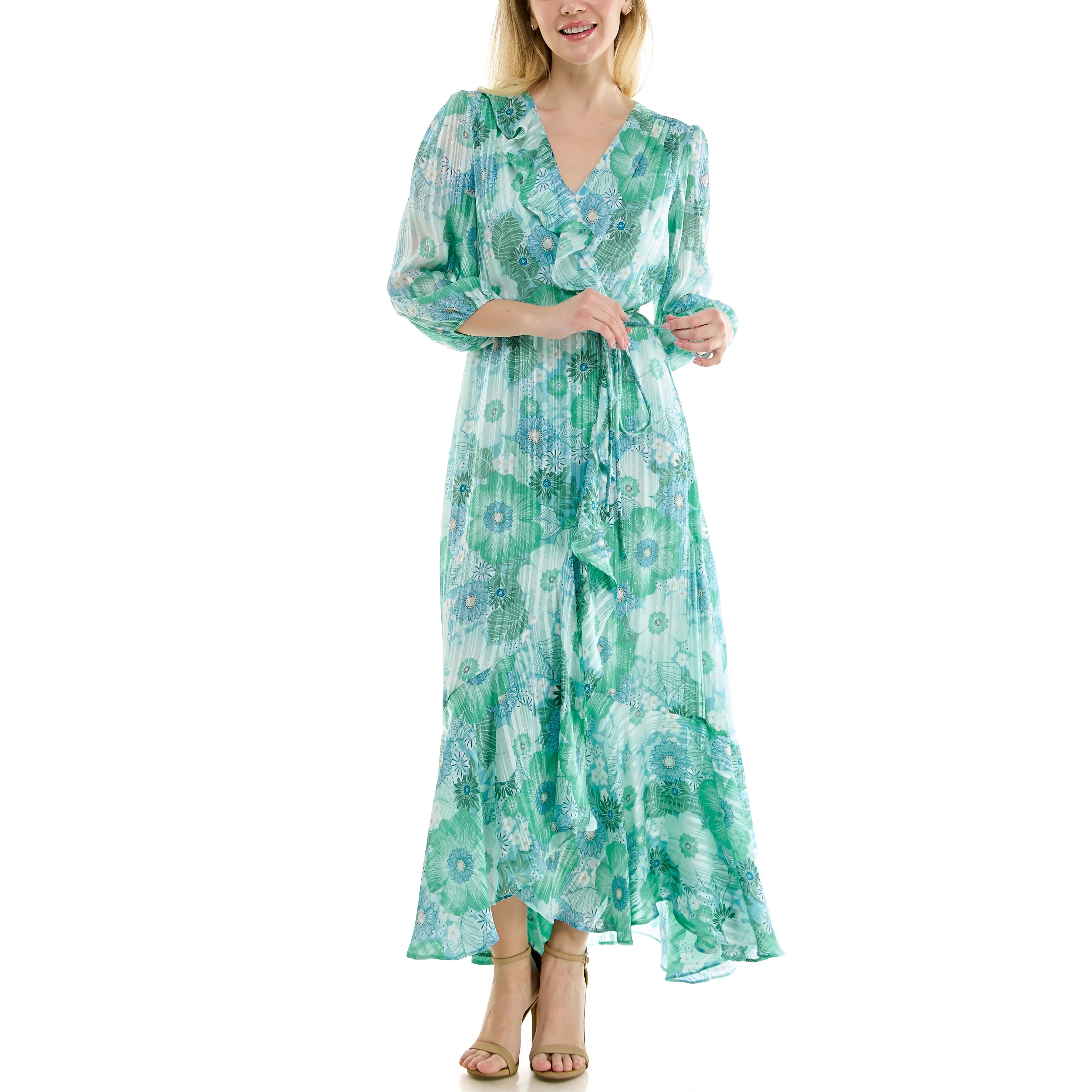 Maison Tara Floral Print Chiffon Wrap Maxi Dress - Aqua/Seafoam
