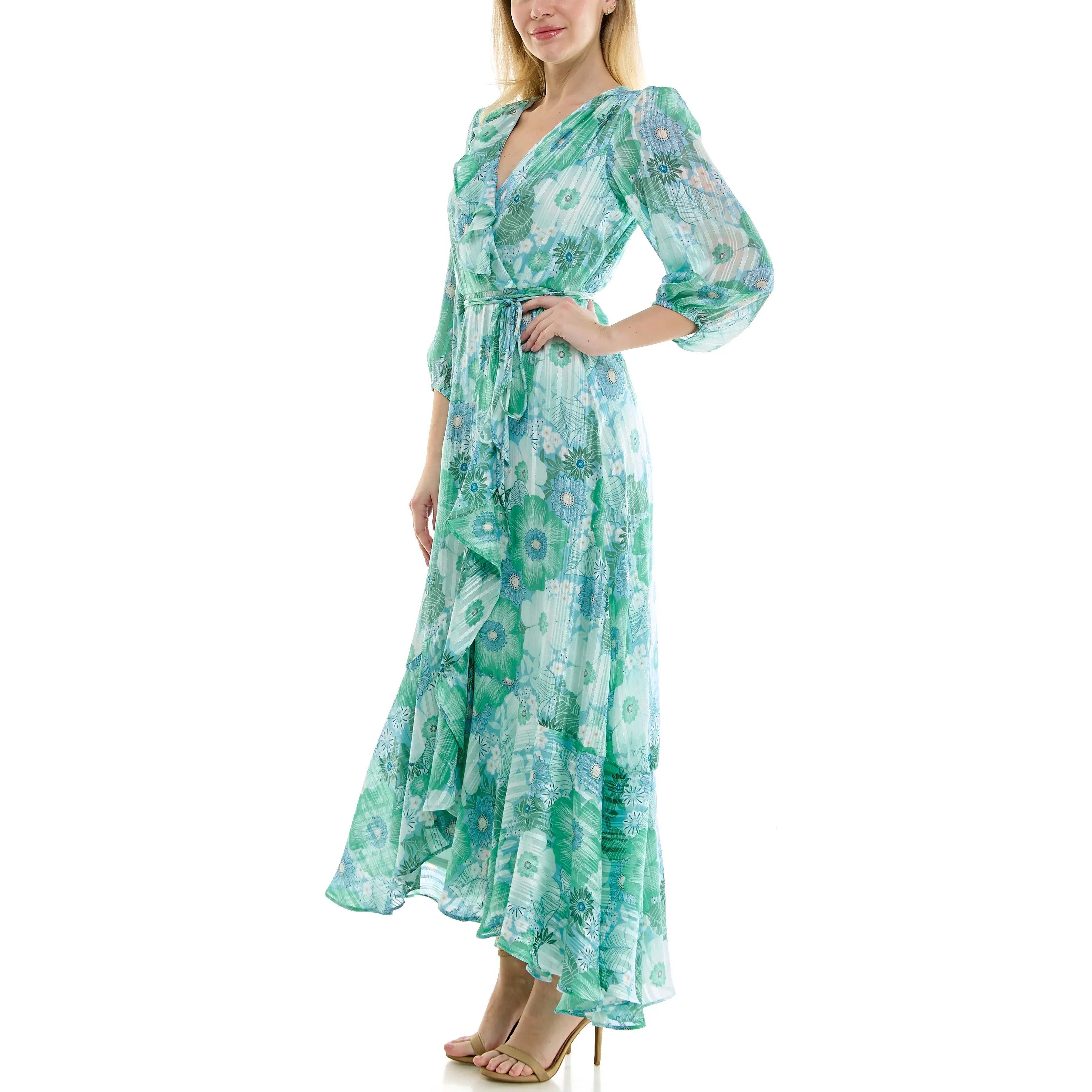 Maison Tara Floral Print Chiffon Wrap Maxi Dress - Aqua/Seafoam