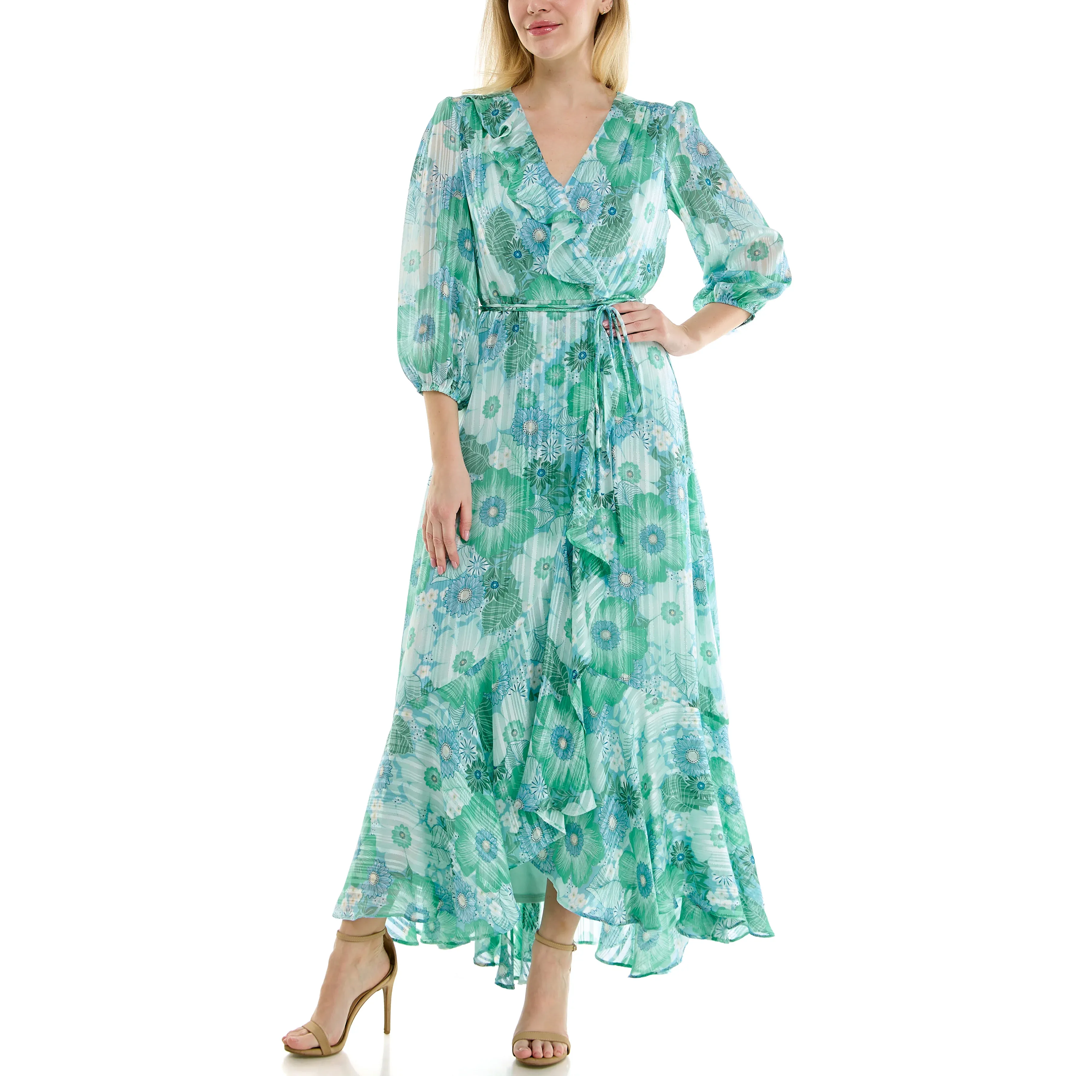 Maison Tara Floral Print Chiffon Wrap Maxi Dress - Aqua/Seafoam