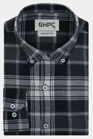 Men's 100% Cotton Grid Tattersall Checkered Full Sleeves Shirt (Grey)