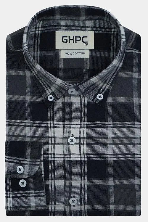 Men's 100% Cotton Grid Tattersall Checkered Full Sleeves Shirt (Grey)