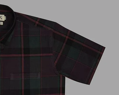 Men's 100% Cotton Plaid Checkered Half Sleeves Shirt (Cola)
