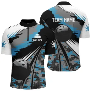 Men's bowling Quarter Zip shirts Custom black ball blue camo Bowling Team Jersey, gift for Bowlers