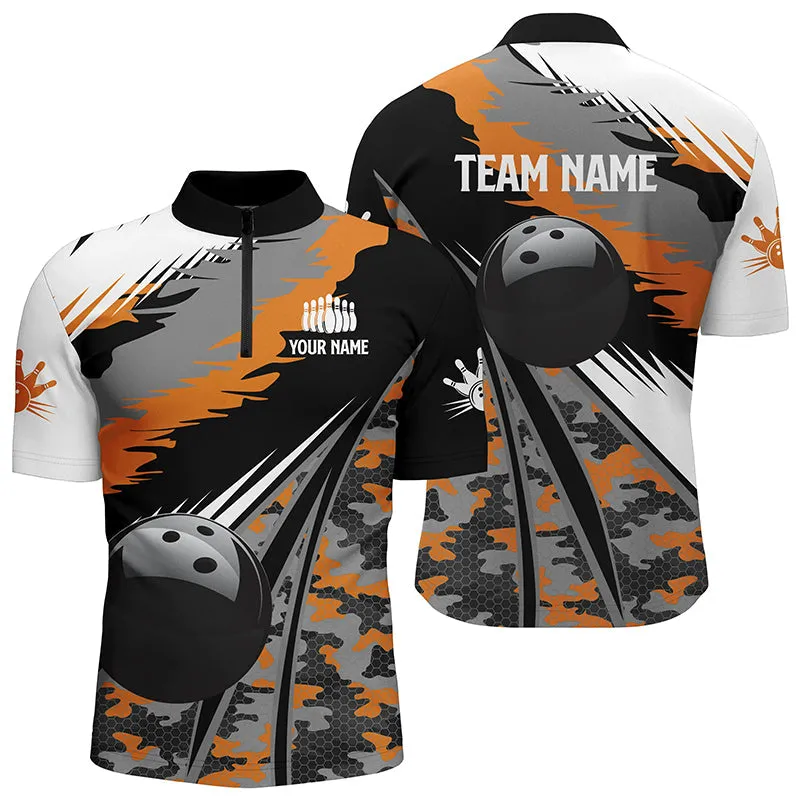 Men's bowling Quarter Zip shirts Custom black ball blue camo Bowling Team Jersey, gift for Bowlers